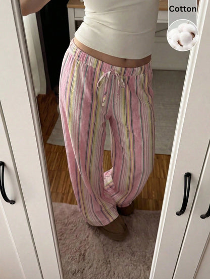 CovetEZ Women's Autumn Casual Home Sweet Vacation Beach Brunch Home Loose Pink Stripe Trousers Comfortable Wide-Leg Pants Cotton Lounge