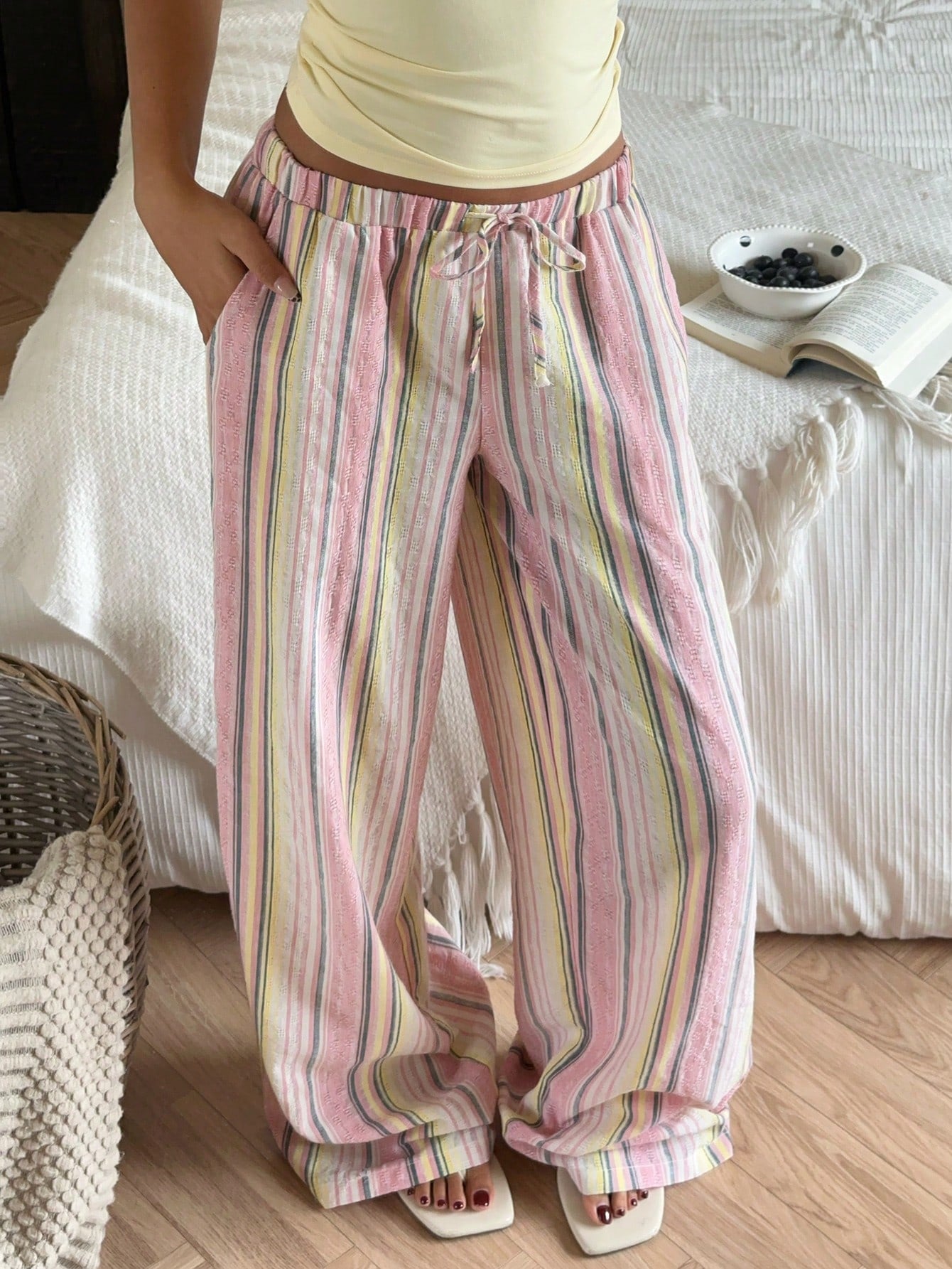 CovetEZ Women's Autumn Casual Home Sweet Vacation Beach Brunch Home Loose Pink Stripe Trousers Comfortable Wide-Leg Pants Cotton Lounge