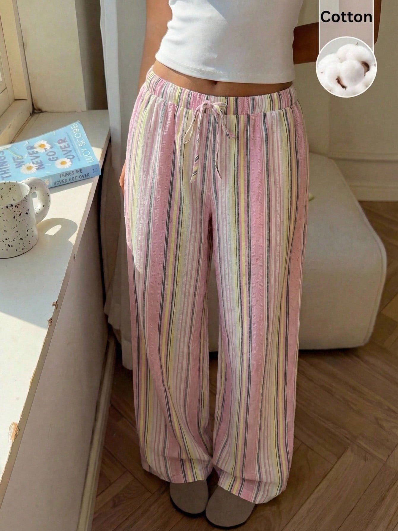 CovetEZ Women's Autumn Casual Home Sweet Vacation Beach Brunch Home Loose Pink Stripe Trousers Comfortable Wide-Leg Pants Cotton Lounge