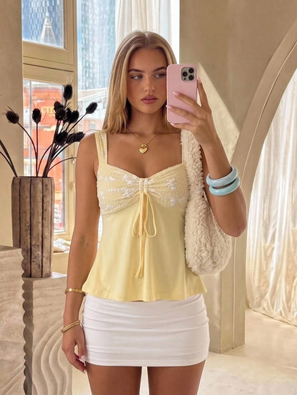 CovetEZ Women's Lace Lace-Up Pleated Casual Cute Elegant Versatile Daily Vacation Outing Brunch Top White And Yellow Summer