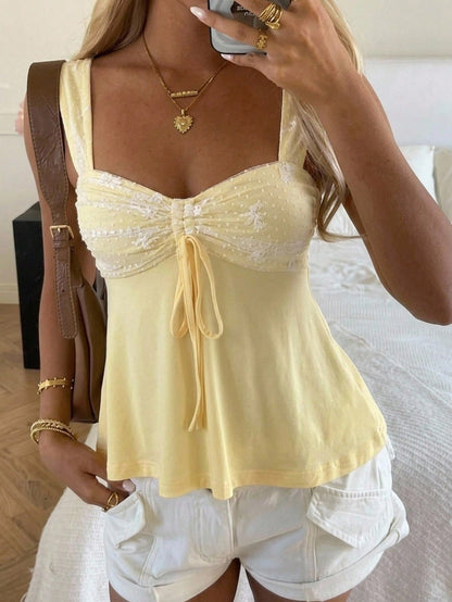 CovetEZ Women's Lace Lace-Up Pleated Casual Cute Elegant Versatile Daily Vacation Outing Brunch Top White And Yellow Summer