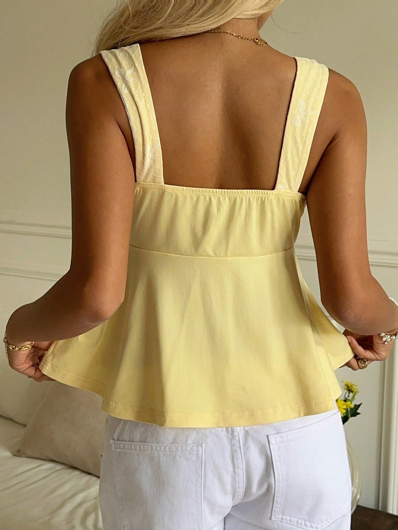 CovetEZ Women's Lace Lace-Up Pleated Casual Cute Elegant Versatile Daily Vacation Outing Brunch Top White And Yellow Summer