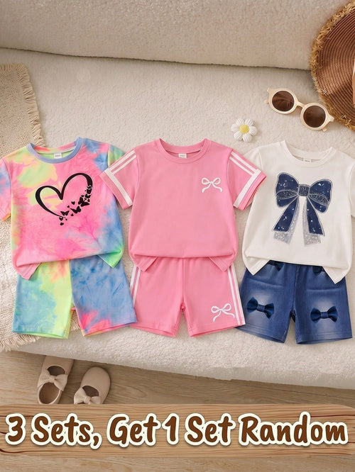 Cozy Pixies 3 Sets Baby Girl Casual Minimalist Heart Pattern Short Sleeve Top And Shorts Set, Suitable For Summer, Surprise Box- Get 1 Set Random
