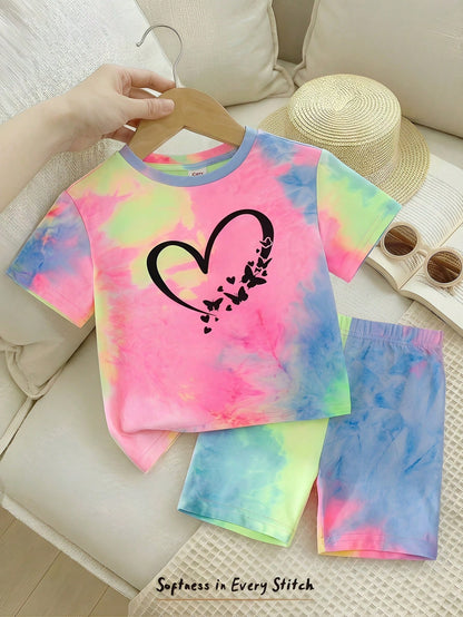 Cozy Pixies 3 Sets Baby Girl Casual Minimalist Heart Pattern Short Sleeve Top And Shorts Set, Suitable For Summer, Surprise Box- Get 1 Set Random