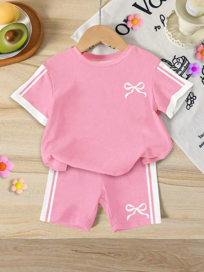 Cozy Pixies 3 Sets Baby Girl Casual Minimalist Heart Pattern Short Sleeve Top And Shorts Set, Suitable For Summer, Surprise Box- Get 1 Set Random