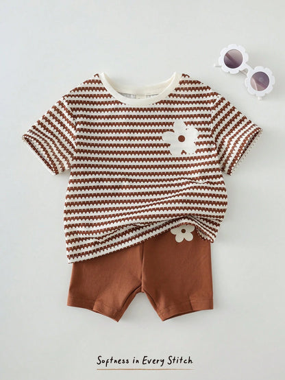 Cozy Pixies 3 Sets Baby Girl Casual Minimalist Heart Pattern Short Sleeve Top And Shorts Set, Suitable For Summer, Surprise Box- Get 1 Set Random