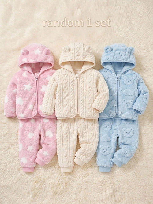 Cozy Pixies Baby Girl Hooded Fleece Jacket And Belly-Covering Long Pants 2 Pieces Set, Medium Thick