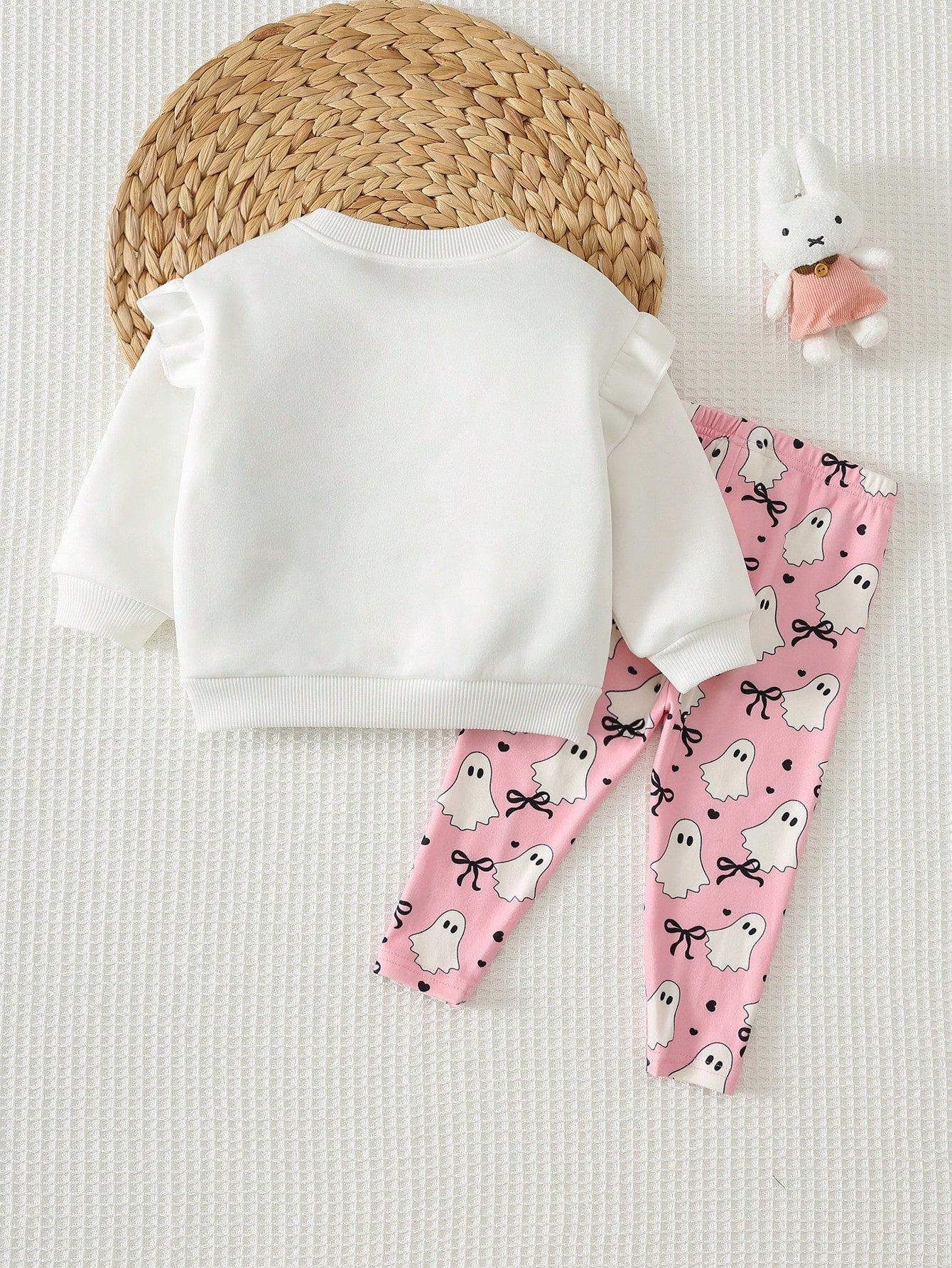 Cozy Pixies Baby Girl Toddler Girl Halloween Little Ghost Pattern Knitted Soft Crew Neck Long Sleeve Ruffle Flutter Sleeve Pullover Sweatshirt Elastic Waist Slim Fit Long Pants 2-Piece Set Cute Outfit