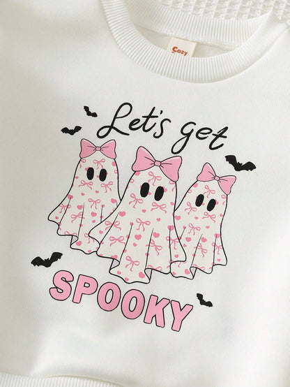 Cozy Pixies Baby Girl Toddler Girl Halloween Little Ghost Pattern Knitted Soft Crew Neck Long Sleeve Ruffle Flutter Sleeve Pullover Sweatshirt Elastic Waist Slim Fit Long Pants 2-Piece Set Cute Outfit