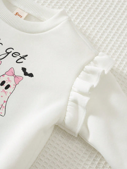Cozy Pixies Baby Girl Toddler Girl Halloween Little Ghost Pattern Knitted Soft Crew Neck Long Sleeve Ruffle Flutter Sleeve Pullover Sweatshirt Elastic Waist Slim Fit Long Pants 2-Piece Set Cute Outfit