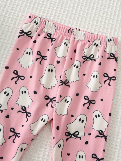 Cozy Pixies Baby Girl Toddler Girl Halloween Little Ghost Pattern Knitted Soft Crew Neck Long Sleeve Ruffle Flutter Sleeve Pullover Sweatshirt Elastic Waist Slim Fit Long Pants 2-Piece Set Cute Outfit
