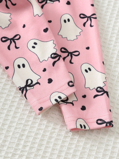 Cozy Pixies Baby Girl Toddler Girl Halloween Little Ghost Pattern Knitted Soft Crew Neck Long Sleeve Ruffle Flutter Sleeve Pullover Sweatshirt Elastic Waist Slim Fit Long Pants 2-Piece Set Cute Outfit