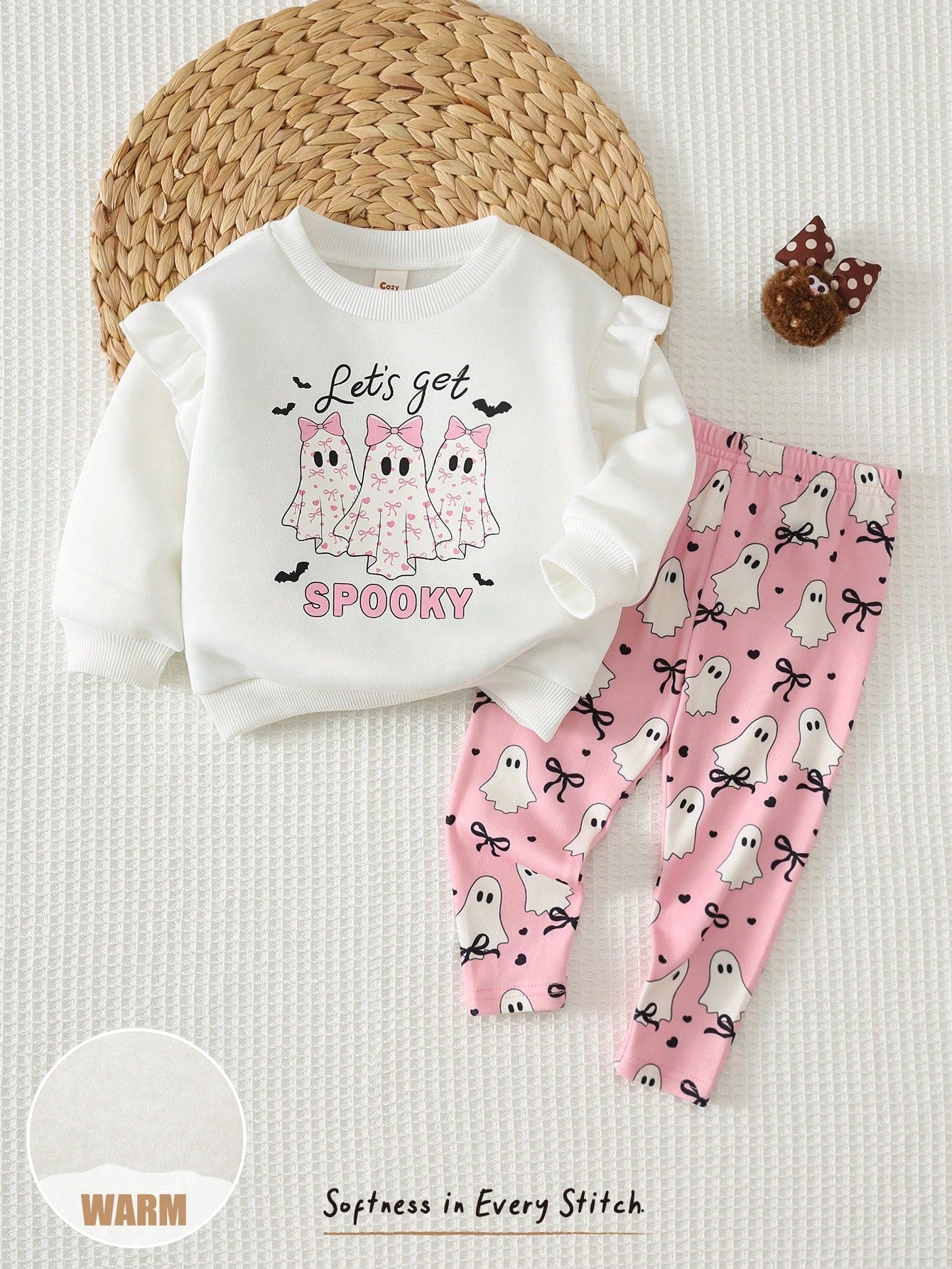 Cozy Pixies Baby Girl Toddler Girl Halloween Little Ghost Pattern Knitted Soft Crew Neck Long Sleeve Ruffle Flutter Sleeve Pullover Sweatshirt Elastic Waist Slim Fit Long Pants 2-Piece Set Cute Outfit