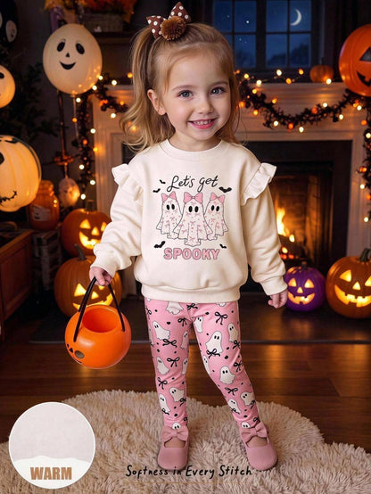 Cozy Pixies Baby Girl Toddler Girl Halloween Little Ghost Pattern Knitted Soft Crew Neck Long Sleeve Ruffle Flutter Sleeve Pullover Sweatshirt Elastic Waist Slim Fit Long Pants 2-Piece Set Cute Outfit