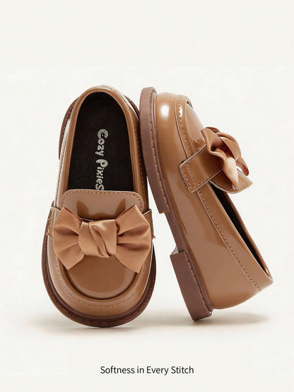 Cozy Pixies Cute & Comfortable Black Leather Flat Shoes With Bowknot Decoration For Baby Girls In College Style Party