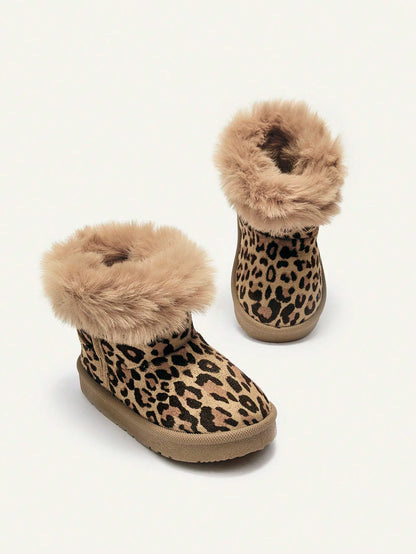 Cozy Pixies Girls' Camel Leopard Print Fashion Playful Plush Cozy Warm Casual Snow Boots For Daily Outdoor Sports Fall Winter