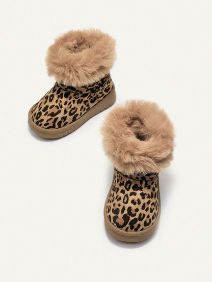 Cozy Pixies Girls' Camel Leopard Print Fashion Playful Plush Cozy Warm Casual Snow Boots For Daily Outdoor Sports Fall Winter