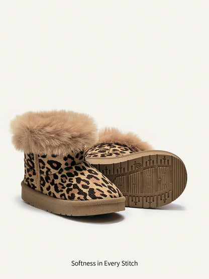 Cozy Pixies Girls' Camel Leopard Print Fashion Playful Plush Cozy Warm Casual Snow Boots For Daily Outdoor Sports Fall Winter