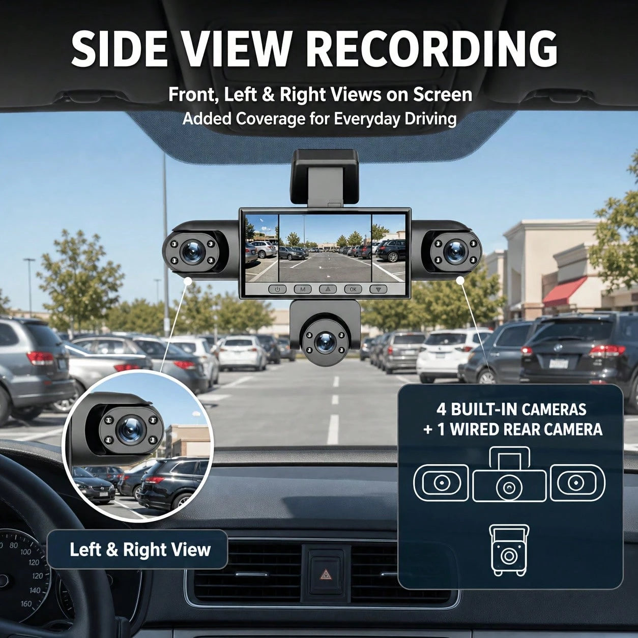 Curear 5-Lens Panoramic Car Dash Cam Front 1080P, 4 Aux 480P Cameras, G-Sensor Lock HD Display, Sturdy Modern Body, 360 Blind Spot Coverage For Daily Commuters, No Memory Card