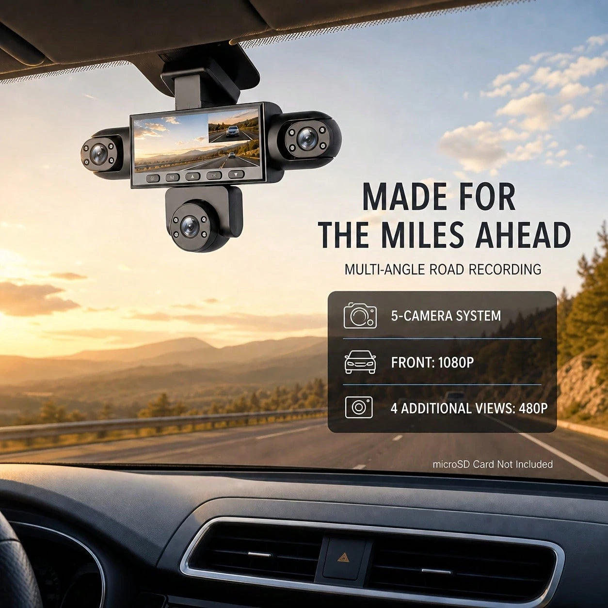 Curear 5-Lens Panoramic Car Dash Cam Front 1080P, 4 Aux 480P Cameras, G-Sensor Lock HD Display, Sturdy Modern Body, 360 Blind Spot Coverage For Daily Commuters, No Memory Card