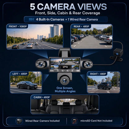 Curear 5-Lens Panoramic Car Dash Cam Front 1080P, 4 Aux 480P Cameras, G-Sensor Lock HD Display, Sturdy Modern Body, 360 Blind Spot Coverage For Daily Commuters, No Memory Card