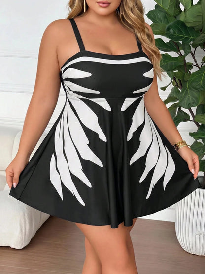 CURVE+ 2026 New Plus Size Women's Leaf & Floral Print Swim Dress