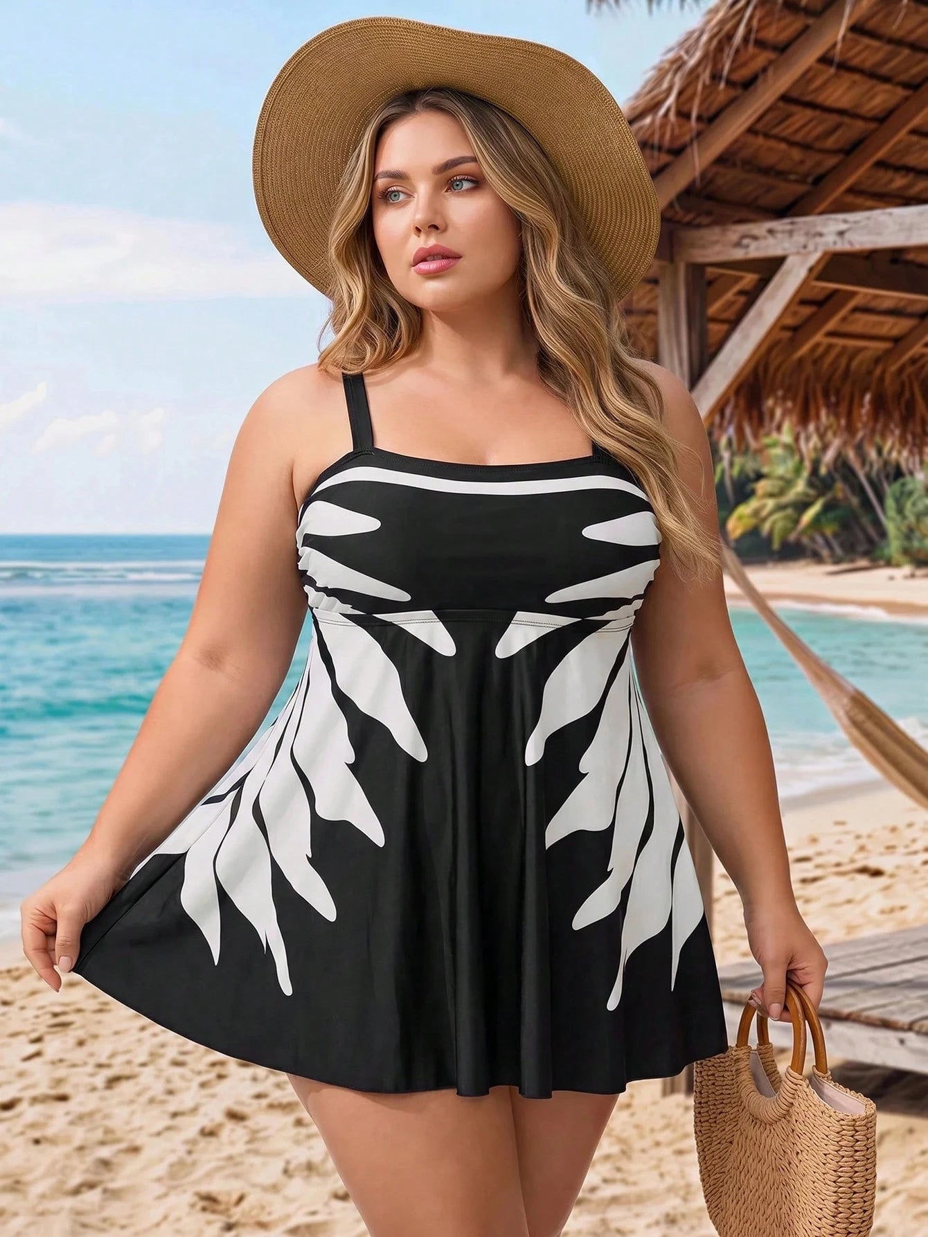 CURVE+ 2026 New Plus Size Women's Leaf & Floral Print Swim Dress