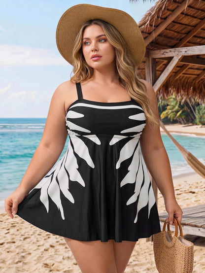 CURVE+ 2026 New Plus Size Women's Leaf & Floral Print Swim Dress