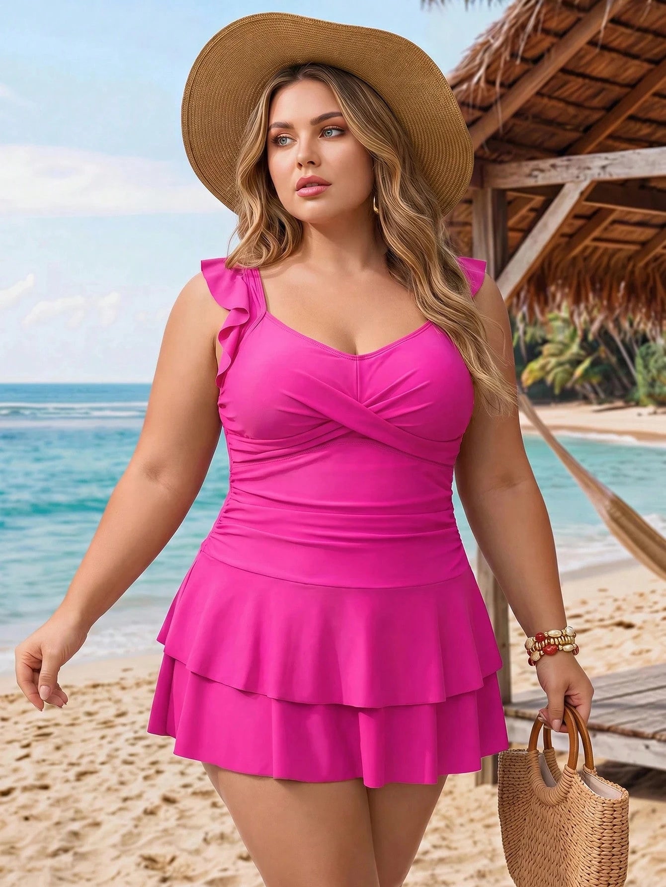 CURVE+ 2026 NEW Plus Size Women Solid Color Strap Flounce Criss-Cross Front Tankini Swimwear