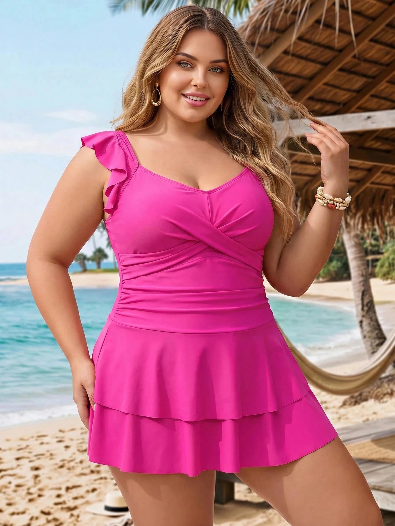 CURVE+ 2026 NEW Plus Size Women Solid Color Strap Flounce Criss-Cross Front Tankini Swimwear
