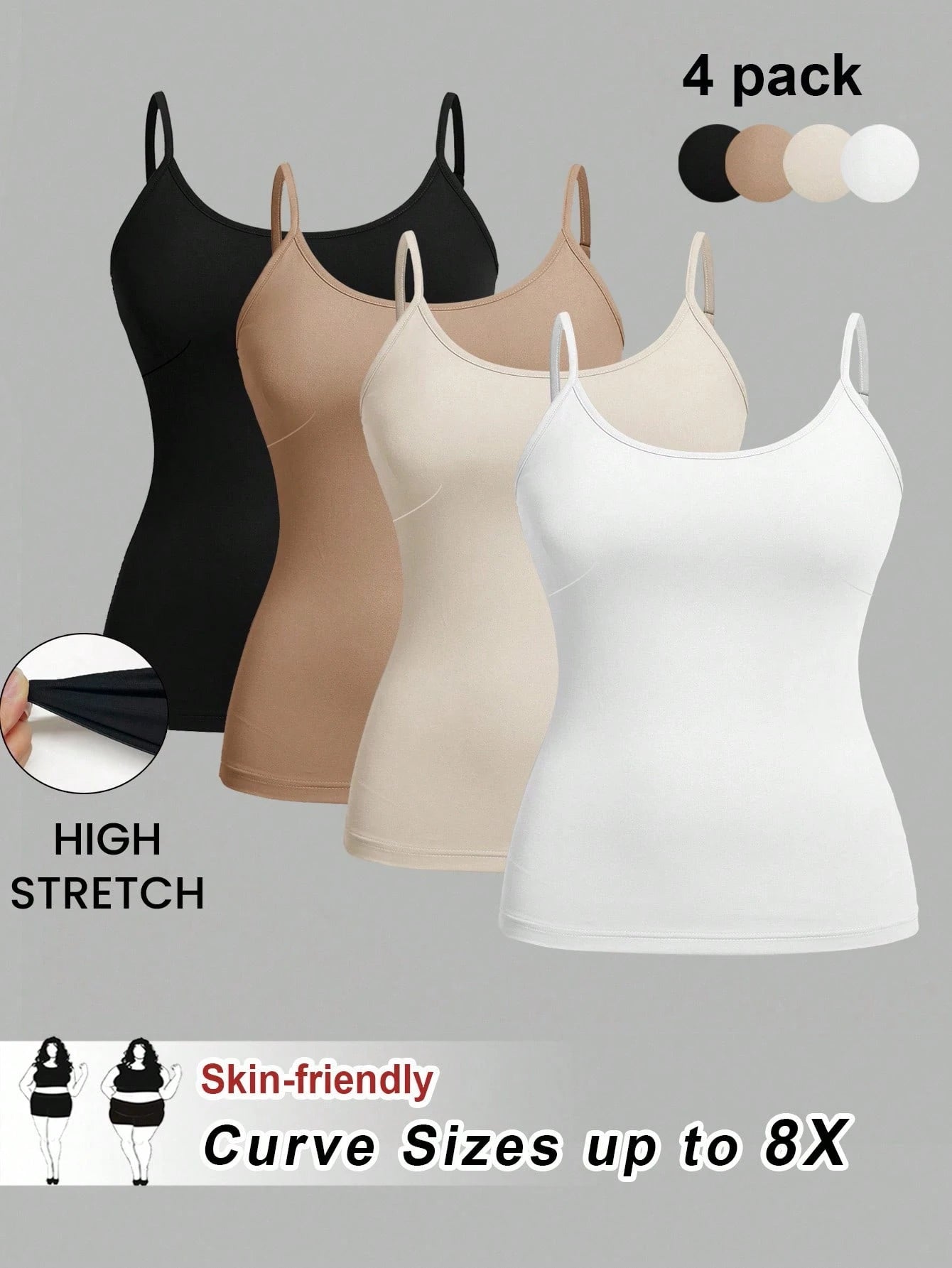CURVE+ 4pcs/Set Plus Size Women Plain Casual Camisole/Spaghetti Strap Tank Tops,Valentine Day