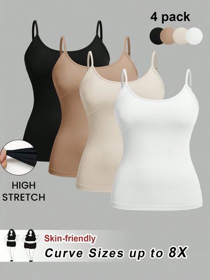 CURVE+ 4pcs/Set Plus Size Women Plain Casual Camisole/Spaghetti Strap Tank Tops,Valentine Day