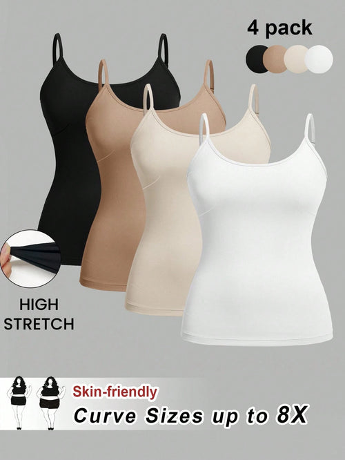 CURVE+ 4pcs/Set Plus Size Women Plain Casual Camisole/Spaghetti Strap Tank Tops,Valentine Day