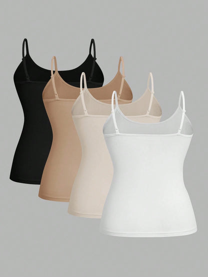 CURVE+ 4pcs/Set Plus Size Women Plain Casual Camisole/Spaghetti Strap Tank Tops,Valentine Day