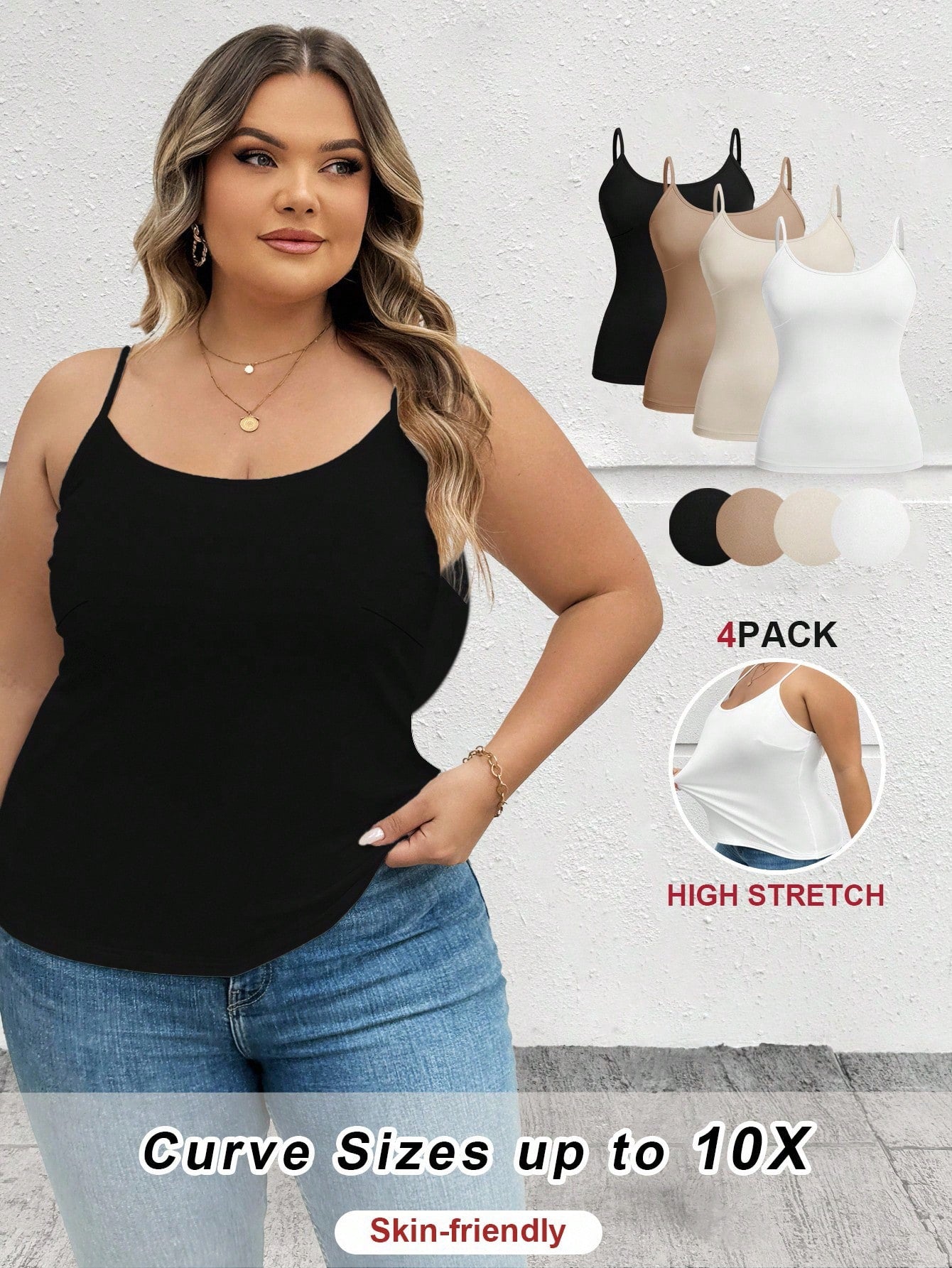 CURVE+ 4pcs/Set Plus Size Women Plain Casual Camisole/Spaghetti Strap Tank Tops,Valentine Day
