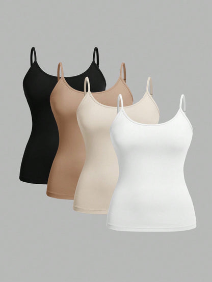 CURVE+ 4pcs/Set Plus Size Women Plain Casual Camisole/Spaghetti Strap Tank Tops,Valentine Day