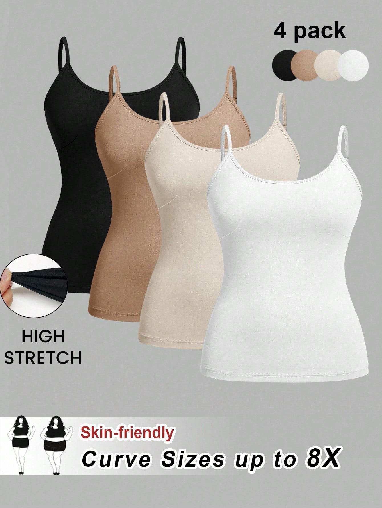 CURVE+ 4pcs/Set Plus Size Women Plain Casual Camisole/Spaghetti Strap Tank Tops,Valentine Day
