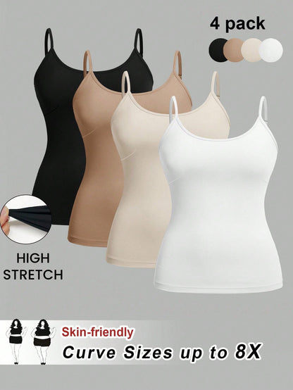 CURVE+ 4pcs/Set Plus Size Women Plain Casual Camisole/Spaghetti Strap Tank Tops,Valentine Day