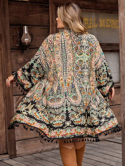 CURVE+ Curve Size US22 Black Summer Boho Vacation Holiday Bohemia Floral Print Fringed Hem Kimono,Music Festival,Seaside,Resort Style Hippie Kimono