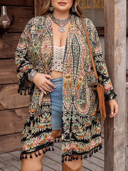 CURVE+ Curve Size US22 Black Summer Boho Vacation Holiday Bohemia Floral Print Fringed Hem Kimono,Music Festival,Seaside,Resort Style Hippie Kimono
