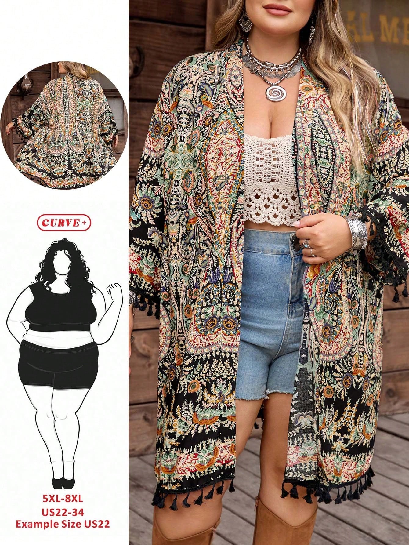 CURVE+ Curve Size US22 Black Summer Boho Vacation Holiday Bohemia Floral Print Fringed Hem Kimono,Music Festival,Seaside,Resort Style Hippie Kimono