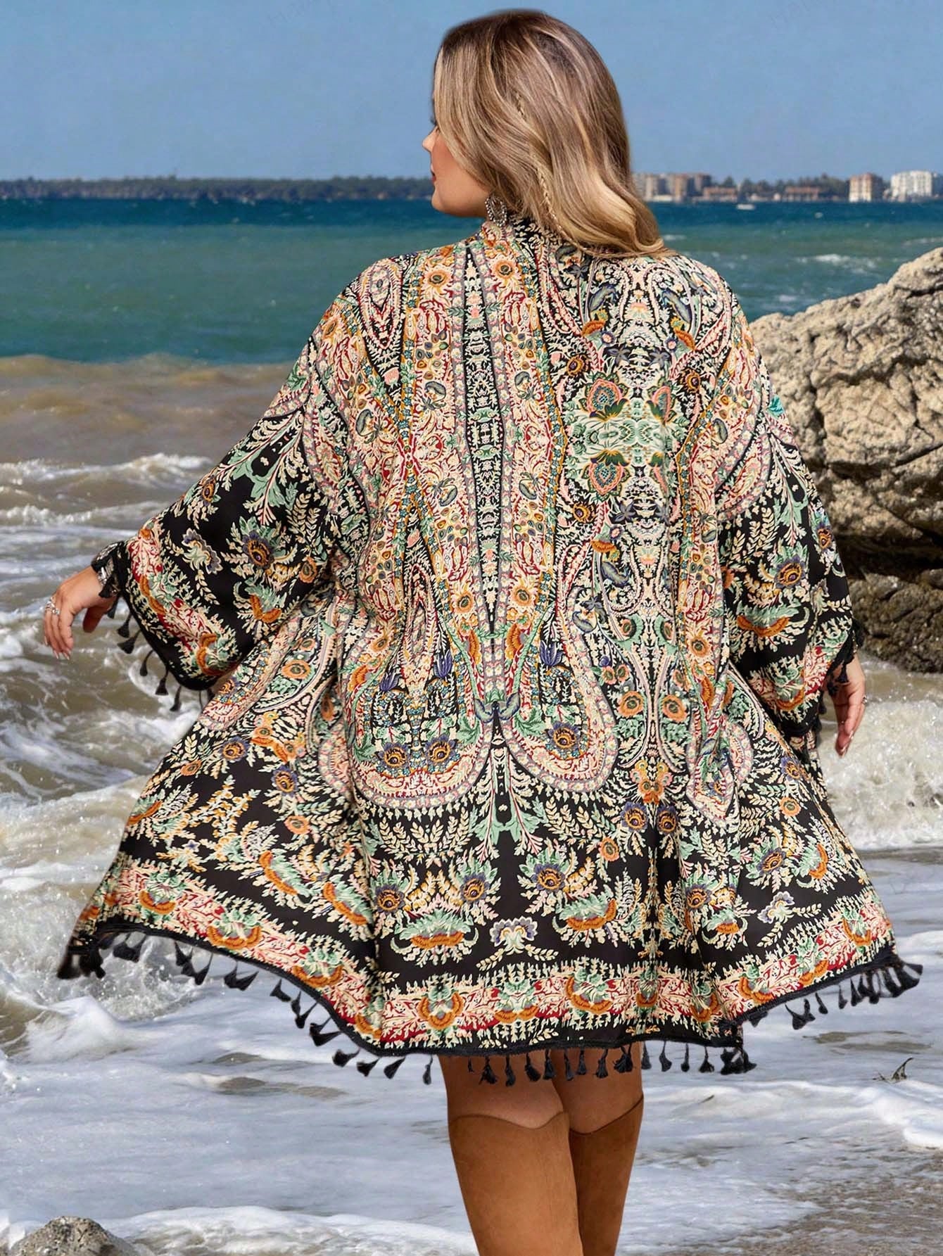 CURVE+ Curve Size US22 Black Summer Boho Vacation Holiday Bohemia Floral Print Fringed Hem Kimono,Music Festival,Seaside,Resort Style Hippie Kimono