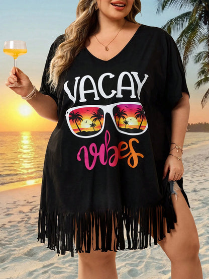 CURVE+ Curve Size US22Music Festival, Seaside Vacation, Bohemia Women's V-Neck Printed Loose Beach Cover-Up Top, Suitable For Summer Plus Bathing Suits Women