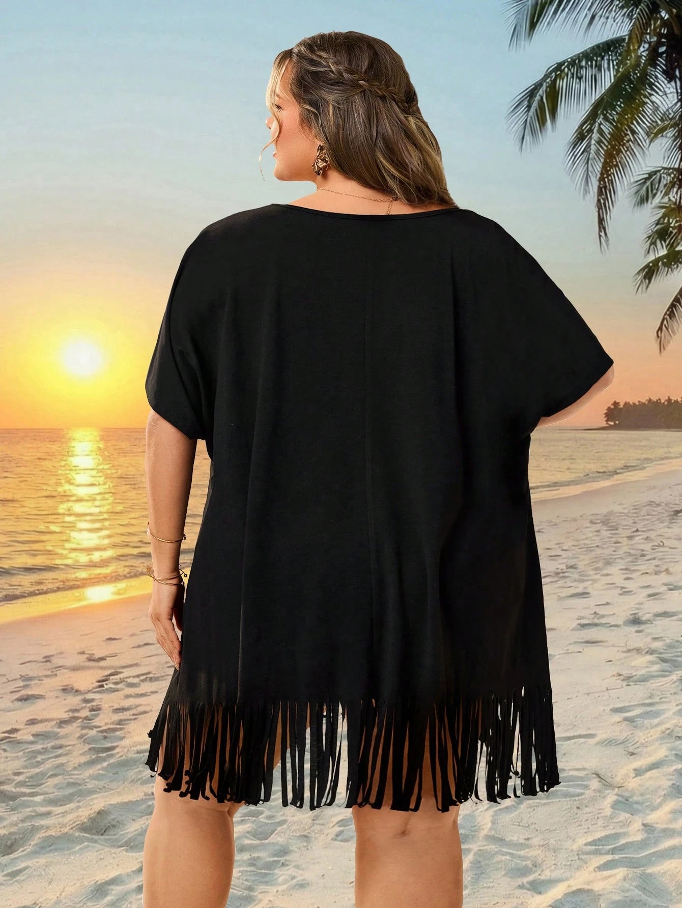 CURVE+ Curve Size US22Music Festival, Seaside Vacation, Bohemia Women's V-Neck Printed Loose Beach Cover-Up Top, Suitable For Summer Plus Bathing Suits Women