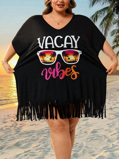 CURVE+ Curve Size US22Music Festival, Seaside Vacation, Bohemia Women's V-Neck Printed Loose Beach Cover-Up Top, Suitable For Summer Plus Bathing Suits Women