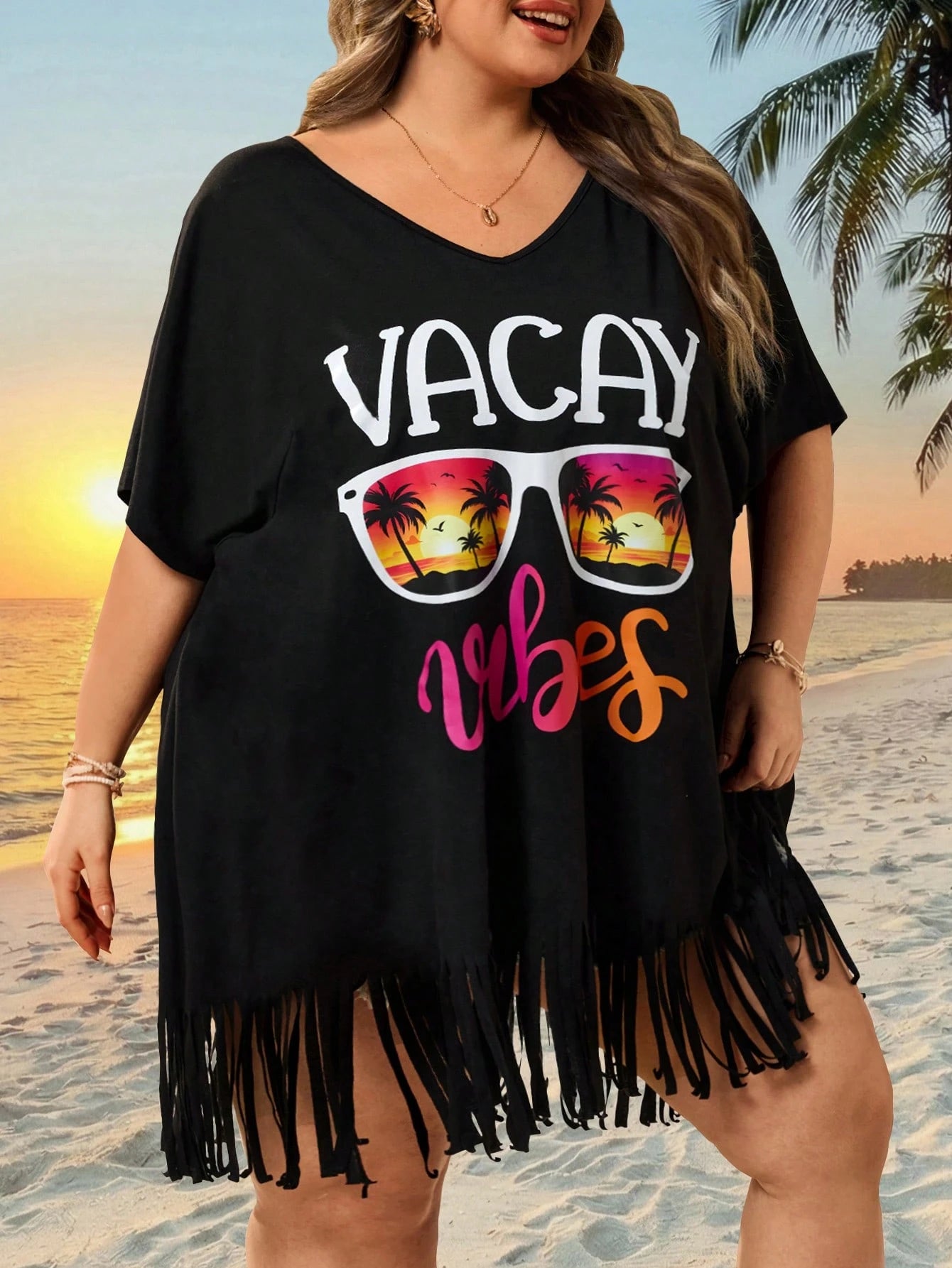CURVE+ Curve Size US22Music Festival, Seaside Vacation, Bohemia Women's V-Neck Printed Loose Beach Cover-Up Top, Suitable For Summer Plus Bathing Suits Women