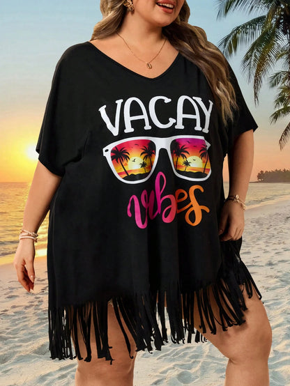 CURVE+ Curve Size US22Music Festival, Seaside Vacation, Bohemia Women's V-Neck Printed Loose Beach Cover-Up Top, Suitable For Summer Plus Bathing Suits Women
