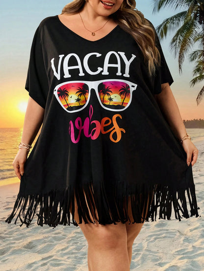 CURVE+ Curve Size US22Music Festival, Seaside Vacation, Bohemia Women's V-Neck Printed Loose Beach Cover-Up Top, Suitable For Summer Plus Bathing Suits Women