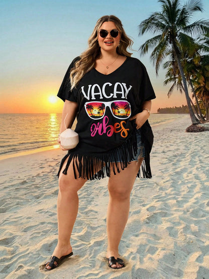 CURVE+ Curve Size US22Music Festival, Seaside Vacation, Bohemia Women's V-Neck Printed Loose Beach Cover-Up Top, Suitable For Summer Plus Bathing Suits Women