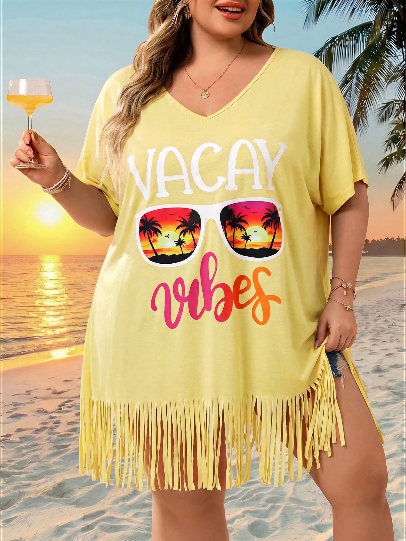 CURVE+ Curve Size US22Music Festival, Seaside Vacation, Bohemia Women's V-Neck Printed Loose Beach Cover-Up Top, Suitable For Summer Plus Bathing Suits Women